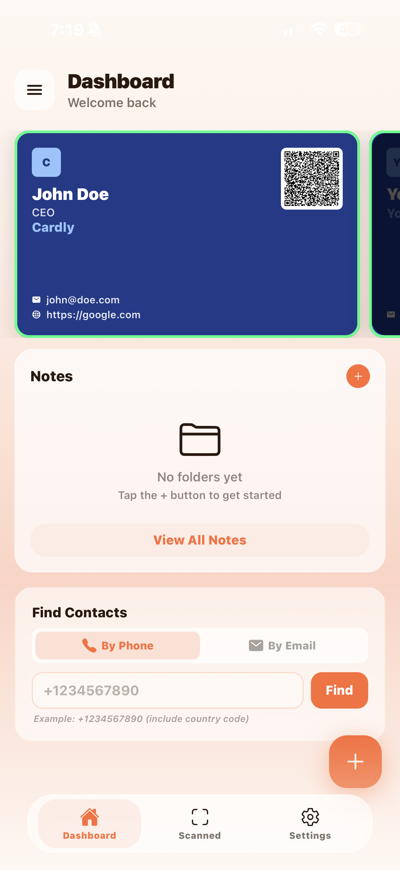 Cardly dashboard showing a business card